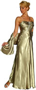Prom Dress item 13783. Halter Top Formal Prom Dress. Rouch busted prom dress with a broach accent on its top; made of satin material. Olive color is shown.