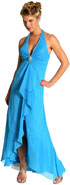 Prom Dress item c27333. Halter Neck Formal Prom Dress with Ruffles and Brooch. A brooch and ruffle combination on a halter neck creation. Beads adorn the halter neck line and the rhinestone brooch accentuates the mid bodice.