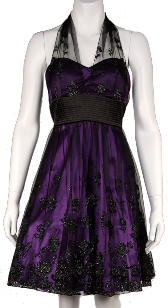 Halter Neck Short Prom Dress with Mesh Overlay in BlackPurple