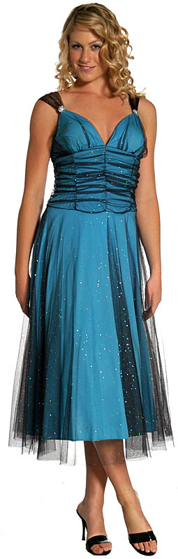 Shirred Bodice Tea Length Cocktail Prom Dress