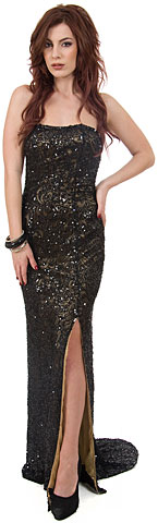 Strapless Beaded Formal Dress with Train & Front Slit. 10115.