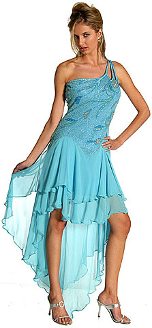 #1024. Asymmetric Turquoise Beaded Formal Dress.