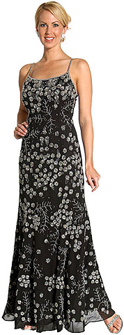 #1054. Floral Beaded Spaghetti Strapped Formal Dress.