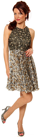 Sleeveless Beaded Bust Short Party Dress with Print Skirt. 1119s.