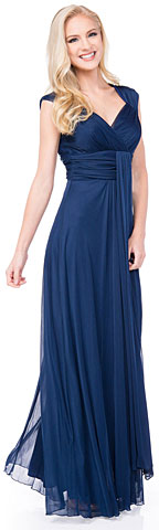 V-Neck Long Bridesmaid Dress with Cap Sleeves & Front Slit. 11398.