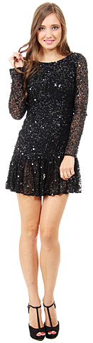 Full Sleeves Flared Skirt Sequined Mini Party Dress