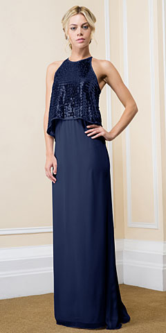 Sequin Overlay Top Long Formal Evening Sheath Dress