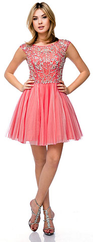 Bejeweled Short Prom Dress with Mesh Skirt. 16113.