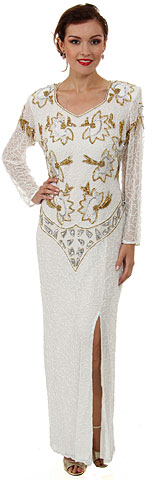 V-Neck Full Sleeves Beaded Sequin Evening Gown with Keyhole Back. 2982.