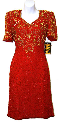 #2999. Tea Length Formal Sequin Beaded Dress.