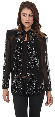 V-Neck Full Sleeves Tea Length Sheer Beaded Jacket