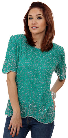 Fully Beaded Blouse with Decorative Hem and Sleeve