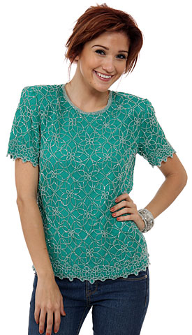 Short Sleeved Beaded Petal Pattern Design