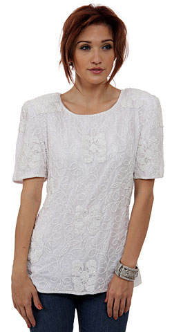 Artistic Beading Round Neck Half Sleeves Blouse