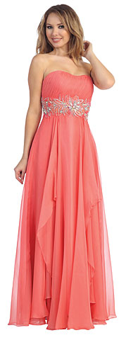 Strapless Floral Beaded Waist Long Formal Prom Dress