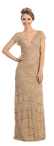 V-Neck Cap Sleeves Tiered Lace Long Formal Evening Dress