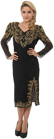 Tea Length Long Sleeves Petal Beaded Formal Dress