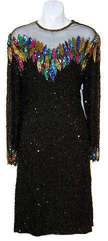 #7606-s. See Thru Bodice and Long Sleeved Beaded Short Dress.