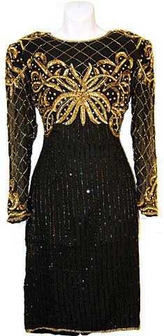 #8057. Tea Length Sequin Beaded Formal Dress.