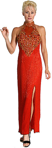 #8145. Closed Neck Full Length Beaded Formal Gown.