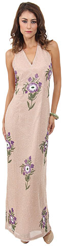 Halter Neck Long Formal Cocktail Dress with Painted Flowers. 9351.