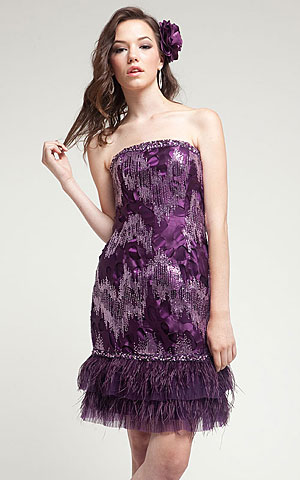 Strapless Short Cocktail Prom Dress with Feather Trim.
