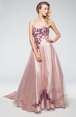Strapless Floral Pattern Satin & Mesh Prom Ball Gown. a223.
