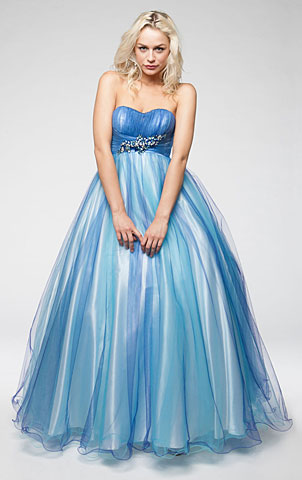 Strapless Mesh Puffy Formal Prom Gown with Beaded Waist