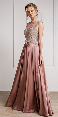 Embellished Sheer Top Long Prom Pageant Satin Dress. a238.