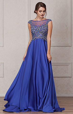 Embellished Sheer Top Long Prom Pageant Satin Dress