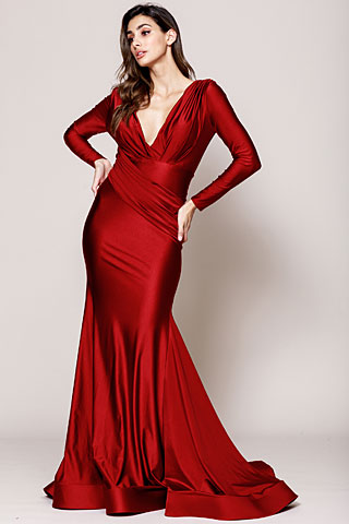 V Neck Rouched Formal Dress with Long Sleeves. a381.