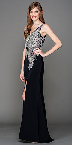 V-Neck Mesh Bejeweled Bodice Long Prom Pageant Dress