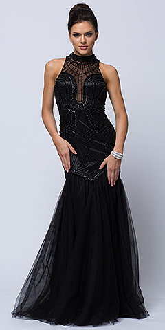 High Neck Beaded Bodice Mermaid Style Mesh Long Prom Dress. a449.