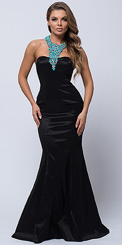 Bejeweled Halter Necklace Fit-n-Flare Long Prom Dress. a565.