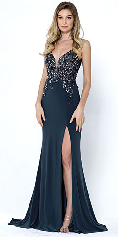 Deep V-Neck Bejeweled Bodice Front Slit Long Prom Dress. a572.