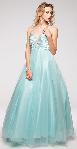 V-Neck Satin Bodice Puffy Mesh Skirt Formal Quinceanera Dress. a606.