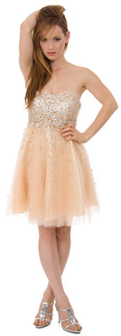 Strapless Mesh Cocktail Dress with Stones. a609.