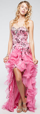 Strapless High-Low Sequined Pageant Dress with Ruffled Skirt. a708.