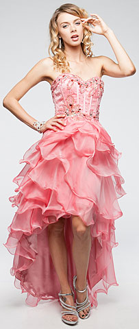 Strapless High-Low Pageant Dress with Ruffled Skirt. a712.