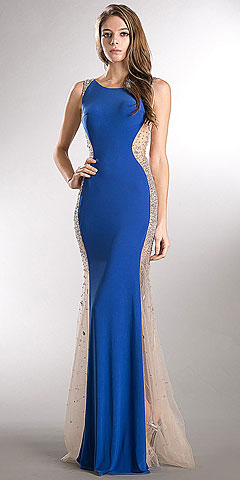 Studded Sheer Mesh Sides Flared Long Formal Prom Dress