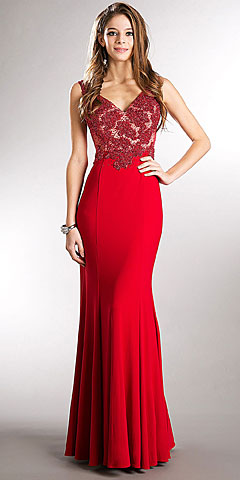 V-neck Beaded Bodice Fitted Long Formal Prom Dress