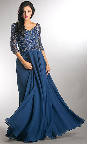 V-Neck Beaded Top Half Sleeves Long Mother of Bride Dress. a746.