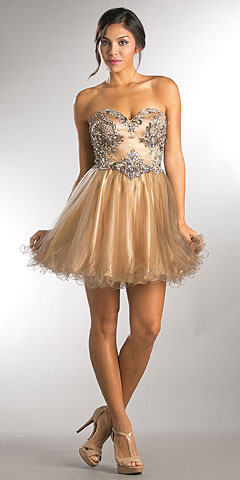 Strapless Satin Beaded Top Short Tulle Homecoming Dress