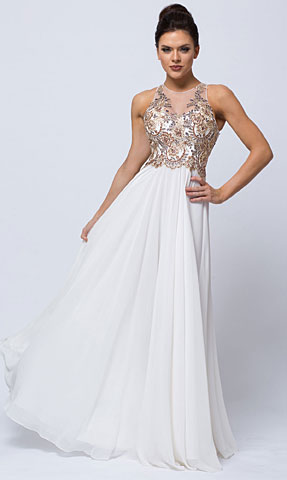 Sleeveless Floral Accent Beaded Top Long Prom Dress. a757.