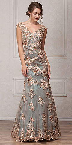 V-Neck Floral Embellishments Mesh Long Prom Pageant Dress. a766.