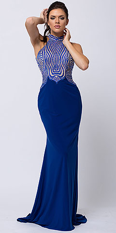 High Halter Neck Two-tone Bejeweled Top Long Prom Dress. a823.