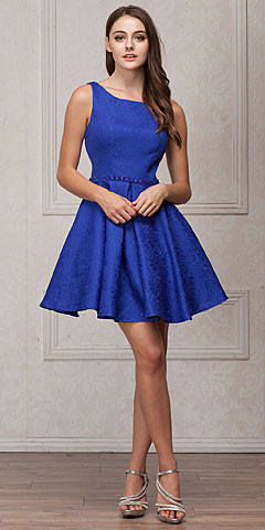 Boat Neck Jewel Waist Pleated Puffy Skirt Short Party Dress. a827.
