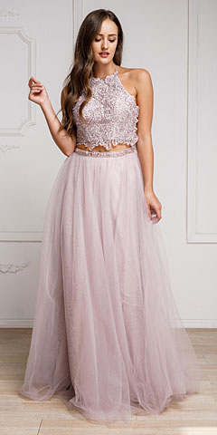 Dazzling Embroidered Two Piece Halter Prom Dress. a916.