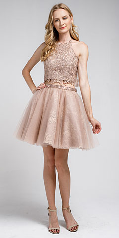Dazzling Embroidered Two Piece Halter Short Homecoming Dress. a916s.