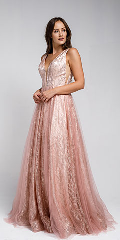 V Neck Vines Pattern Tulle Prom Gown. ar010.